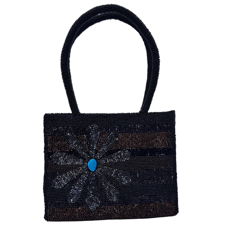 Black Beaded Flower Handbag Evening Bag Turquoise Accentโ